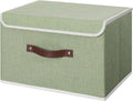 ANMINY Storage Bin with Lid Storage Boxes with PU Leather Handles PP Plastic Board Decorative Foldable Lidded Cotton Linen Fabric Home Cubes Baskets Closet Organizer Container - Green, Large Size-Ruum Studio Home