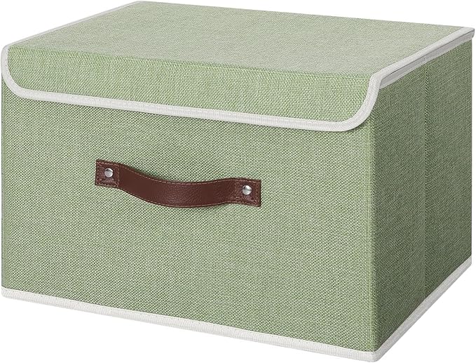 ANMINY Storage Bin with Lid Storage Boxes with PU Leather Handles PP Plastic Board Decorative Foldable Lidded Cotton Linen Fabric Home Cubes Baskets Closet Organizer Container - Green, Large Size-Ruum Studio Home