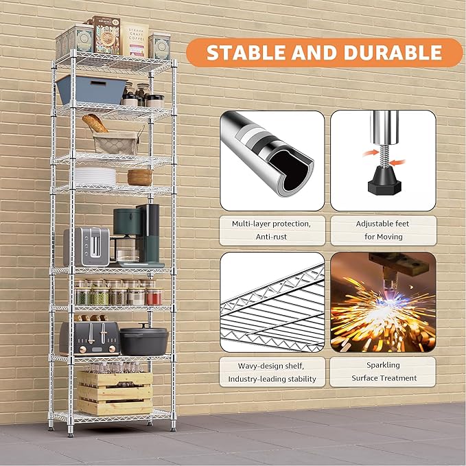 8 Tier 2000 lbs Storage Rack Metal Wire Shelving Unit, Storage Standing Shelf Organizer for Laundry Bathroom Kitchen Pantry Closet Garage Utility Room, Chrome 13.8" D x 23.6" W x 79.5" H-Ruum Studio Home