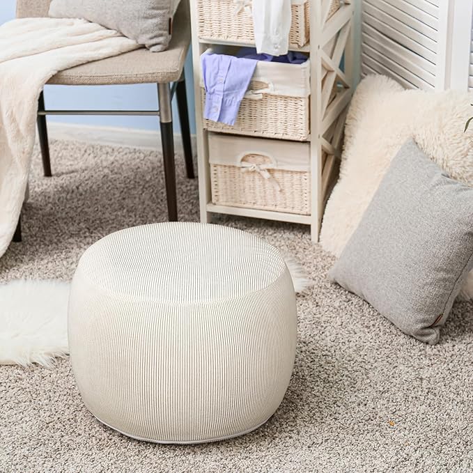 2 Pack Round Inflatable Pouf Ottoman Foot Rest for Couch 20 x 16 Inch Cozy Portable Floor Corduroy Poufs Foot Stool Ottoman with Pump for Living Room Bedroom Chair, Beige-Ruum Studio Home