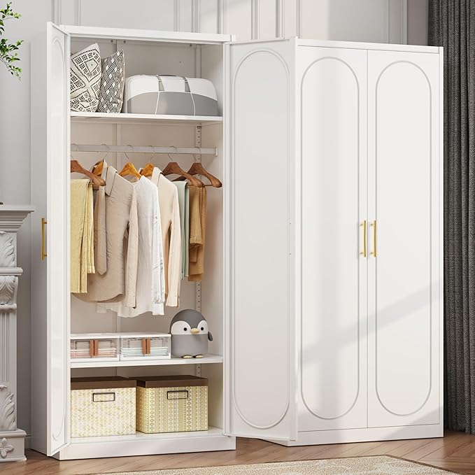 71" White Wardrobe Closet with 2 Doors, Metal Armoire Wardrobe Cabinet with Hanging Rod and Adjustable Shelves, Clothing Storage Cabinets for Bedroom, Laundry Room, Home Office-Ruum Studio Home