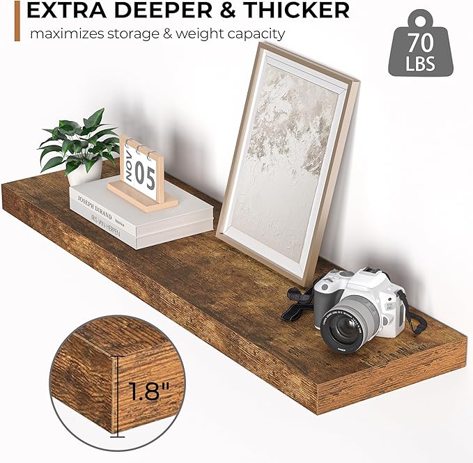 Floating Shelves - 10.3 Inch Deep Wall Shelf for Decor & Storage - Wall Mounted Display Shelving with Invisible Heavy-Duty Metal Bracket - 36" W x 10.3" D x 1.8" H - Set of 1 - Rustic Brown-Ruum Studio Home