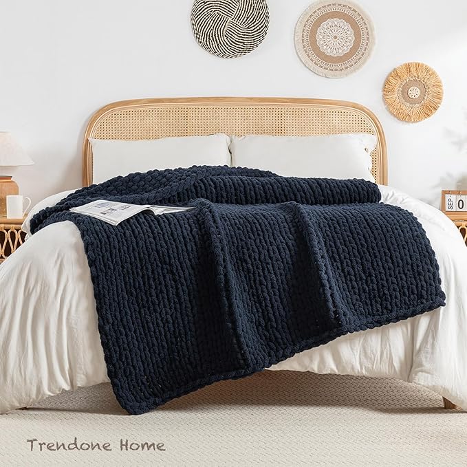 Chunky Knit Blanket Throw, 100% Hand Knit Throw Blanket Handmade Chenille Cable Knit Throw for Couch, Stylish Cozy Soft Rope Knot Crochet Blanket for Home Decor, Navy Blue, 50x60 Inches-Ruum Studio Home