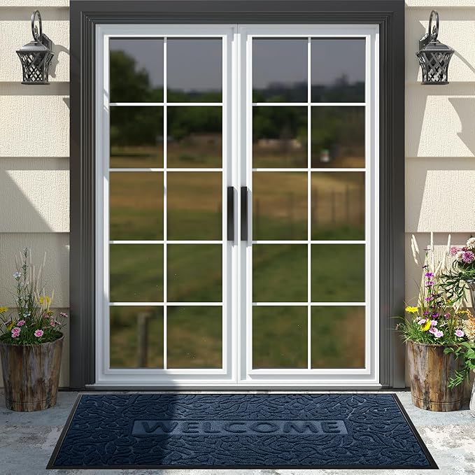 Yimobra Welcome Front Door Mat Outdoor, Heavy Duty Sturdy Non Slip Doormats, Rubber Backing, Low-Profile Entrance Rugs, Absorbent Resist Dirt, Easy Clean Patio Garage Floor Mats, 60X36 Inch, Blue-Ruum Studio Home