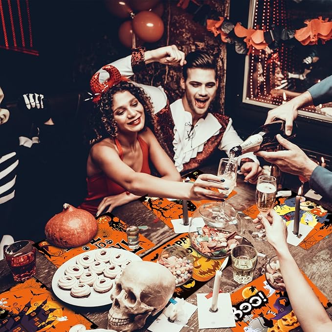 Plastic Placemats Set of 6 Halloween Table Mats - Trick or Treat Kitchen Decor - Wipe Clean, Washable, Recyclable - Orange Place Mats for Indoor/Outdoor - Heat Resistant - Kitchen/Dining Table-Ruum Studio Home