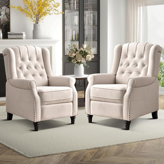 EBELLO Pushback Recliner Chair, Fabric Armchair Push Back Recliner with Rivet Decoration, Mid Century Wingback Accent Chair for Living Room, Bedroom, Beige-Ruum Studio Home