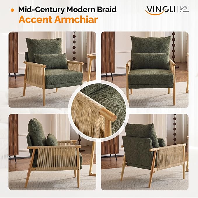VINGLI Boho Braid Accent Armchairs Set of 2,Mid-Century Modern Chiars with Solid Wooden Armrest,Comfy Louge Cushion Chairs with Waist Pillow for Bedroom,Living Room,Reading Room, Dark Green-Ruum Studio Home
