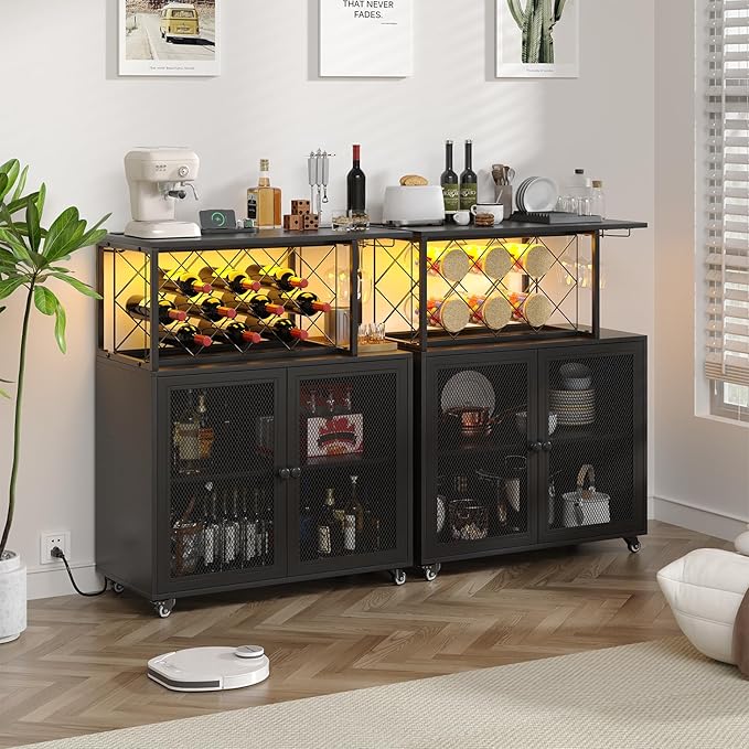 Wine Bar Cabinet with Wheels, 4-Tier Bar Cart with Power Outlets and LED Light, Liquor Cabinet Home Mini Bar with Wine Rack, Coffee Bar Cabinet for Liquor, Black-Ruum Studio Home