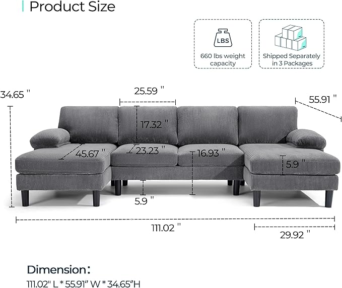 LINSY HOME Sectional Couch, 111'' W Corduroy U Shaped Sofa with Sleepable Armrests, 4 Seat Couch with Double Chaises, Deep Sofa for Living Room, Grey-Ruum Studio Home
