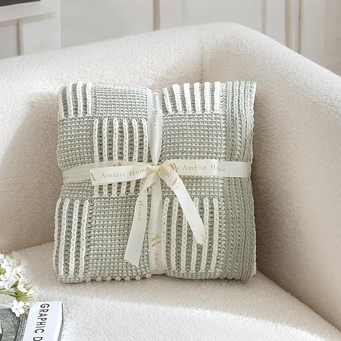 Amélie Home Chenille Knit Throw Blanket for Couch, Checkered Texture Decorative Soft Blanket for Sofa, Bed & Living Room, 50"x60", Sage Green & White-Ruum Studio Home