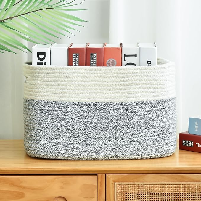 Woven Storage Baskets - Cotton Rope Organizers for Books, Towels, Toys or Bins - 3 Pack, Grey-Ruum Studio Home