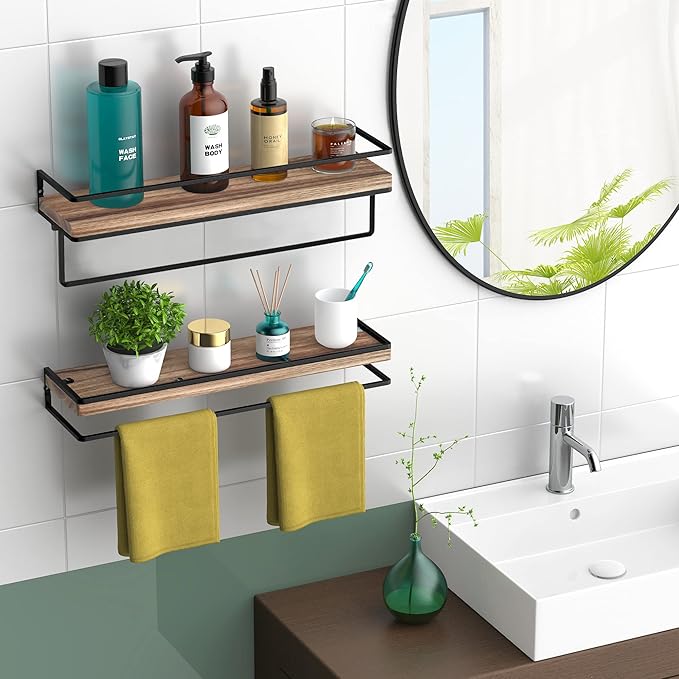 Meangood Floating Shelves Wall Mounted Set of 2, Wall Shelf with Towel Bar Rustic Wood Wall Storage Shelves for Bedroom,Living Room,Bathroom, Kitchen Torched Wood-Ruum Studio Home