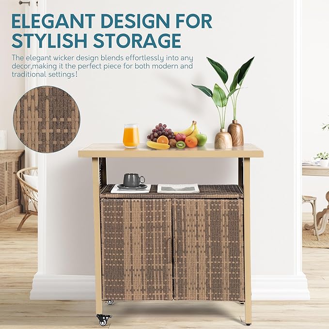 Outdoor Indoor Storage Cabinet with Rolling Wheels, Patio Serving Cart with Bar Table and Wicker Cabinet, Kitchen Island Prep Table, Beige-Ruum Studio Home