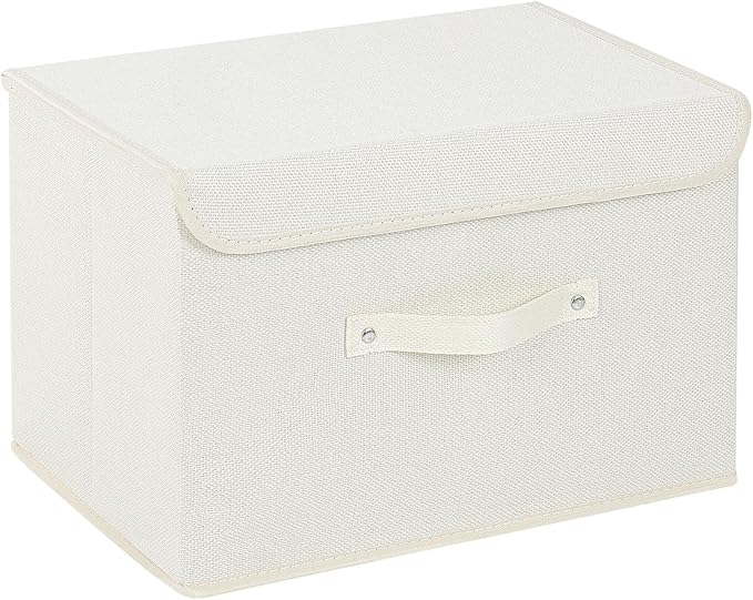 Storage Boxes, Collapsible Storage Bins with Lids, Cotton and linen cloth Storage Baskets with Handle, for Books, Closet, Bedroom, Home, 15x9.8x9.8 in, Beige-Ruum Studio Home