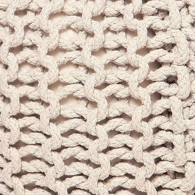 REDEARTH Round Pouf Ottoman - Cable Knitted Boho Poof - Home Décor Cord Pouffe Handmade Circular Footrest for Living Room - Bedroom - Kids Bedroom - 100% Cotton Pouf (19.5"x19.5"x14") - Ivory-Ruum Studio Home