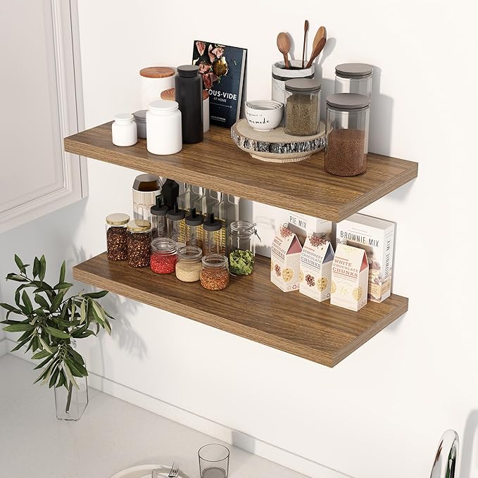 30" Floating Shelves for Wall, 12" Deep Slim Walnut Floating Shelves, Wall-Mounted Shelves for Bedroom, Living Room, Kitchen, Bathroom - Set of 2-Ruum Studio Home