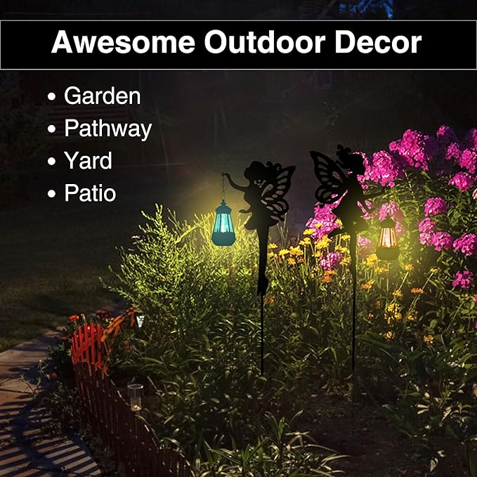 Fairy Garden Accessories Lawn Ornaments 1 Pair - Solar Lights Halloween Decorations Outdoor Garden Statue, Metal Stakes Decorative Figurines for Yard Decor, Patio (Type A Color-Shifting Lighting)-Ruum Studio Home