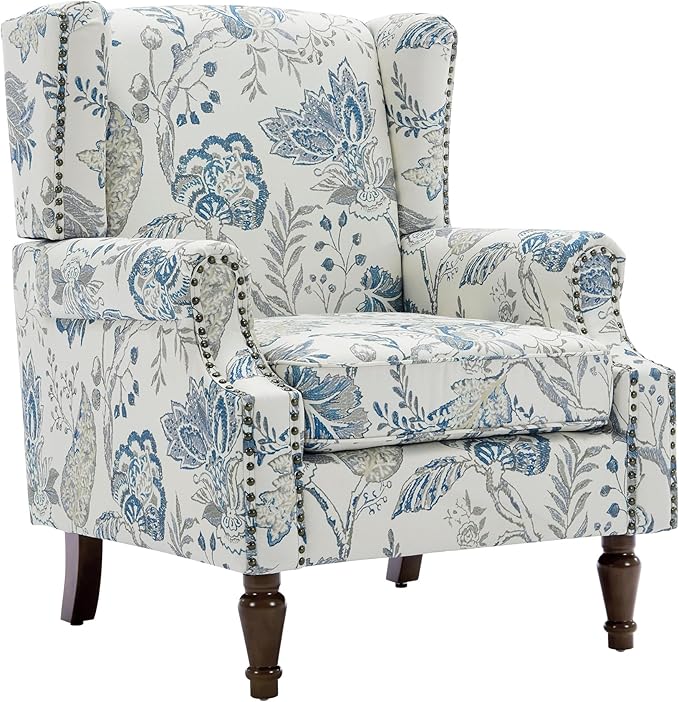 UIXE High Back Floral Accent Chair, Upholstered Armchair in Fabric, Retro Printed Wingback Arm Chair for Living Room, Nailhead Trim Single Sofa Bedroom Reading Seat - Plants Blue-Ruum Studio Home