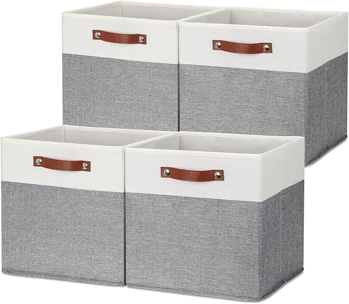 HNZIGE Foldable Storage Bins 13x13 Storage Cubes Set of 4 Fabric Linen Storage Baskets for Shelves Drawer with Handles Organizer for Shelves Toy Nursery Closet Bedroom-Ruum Studio Home