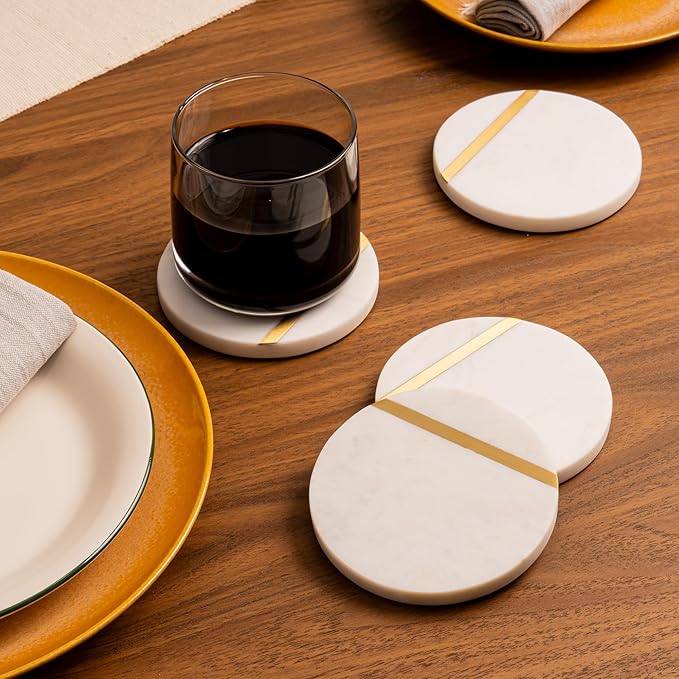 Cork & Mill Marble Coasters Set of 6 - Luxury Aesthetic Modern Decor for Coffee Table- White Marble with Gold Brass Inlay - Real Natural Semi Absorbent Stone Coasters-Ruum Studio Home