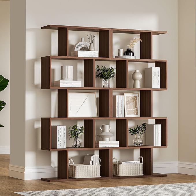 Brown 5-Tier Geometric Bookcase, S-Shaped Modern Bookshelf Set of 2, 62.6" Tall Room Divider Book Shelf, Decorative Display Shelf-Ruum Studio Home