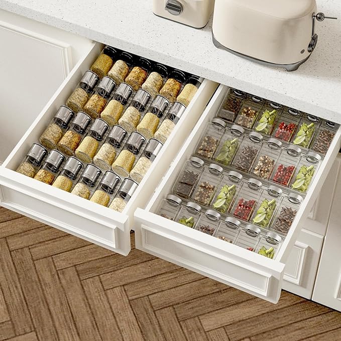 AMBIRD Spice Drawer Organizer, 4 Tier-2 Set Clear Spice Rack Tray Expandable From 11'' to 22'', Seasoning Organizer with non-slip tape for Kitchen, Cabinet, Drawers, Countertop(JARS NOT INCLUDED)-Ruum Studio Home