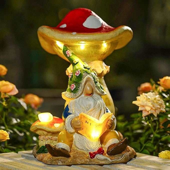 Upgraded Size Solar Garden Outdoor Statues Gnome Reading Under Mushroom with 5 LED Solar Figurine for Lawn,Patio,Balcony,Yard Decor Unique Housewarming Gift for Grandfather, Father,Grandma,Wen-Ruum Studio Home