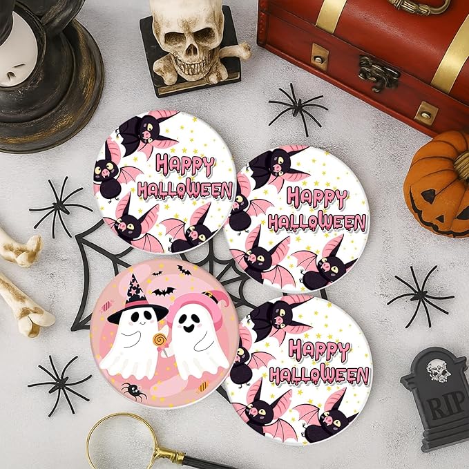 Coaster for Drinks Set of 6, Happy Halloween Cute Ghost Groovy Pink Absorbent Round Ceramic Stone Mat, with Cork Base and Metal Holder, Gift for Housewarming Room Bar Decor-Ruum Studio Home