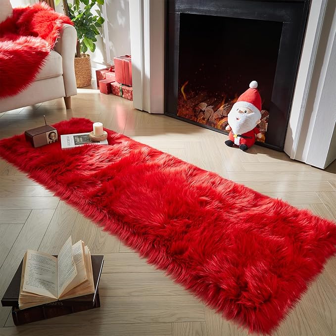AMTOVO Faux Fur Rug, Red Ultra Soft Fluffy Shag Sheepskin Rug, 2 x 6 ft Runner Area Rugs for Bedroom Sofa Throw Cushion Room Decor, Rectangle-Ruum Studio Home