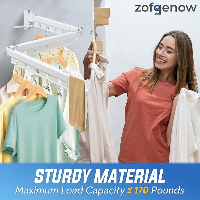 Clothes Drying Rack Wall Mounted, Retractable Space-Saving Foldable Laundry Drying Rack for Indoor & Outdoor Use - Laundry Rooms, Bathroom & Balconies,Includes 10 Clothespins(White)-Ruum Studio Home