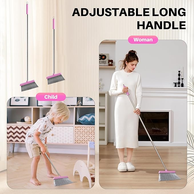 JOYMOOP Pink Broom and Dustpan Set with 56” Handle, Upright Angle with Built-in Comb Teeth for Hardwood Floors and Pet Hair-Ruum Studio Home