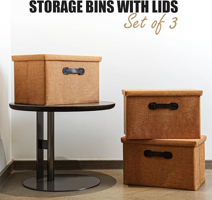 Enzk&Unity Decorative Storage Bins with Lids, Fabric Linen Foldable Storage Box with Handle Home Organizer for Shelf, Closet, Bedroom, Living Room, Office, 3 Packs, Brown-Ruum Studio Home