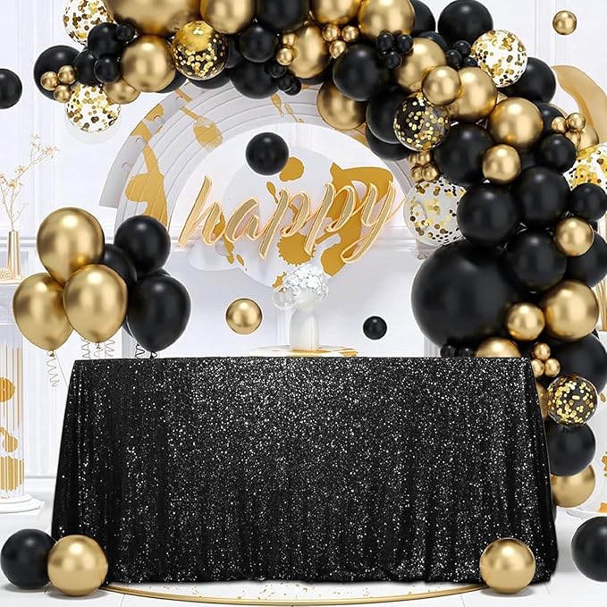 SquarePie Sequin Tablecloth 90 x 156 Inch Black Sparkly Table Linen for Wedding Halloween Party-Ruum Studio Home