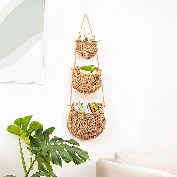 Hanging Fruit Basket, 3 Tier Woven Jute Wall Hanging Basket for Organizing, Hanging Produce Basket for Fruit & Vegetable Storage, Boho Kitchen Decor, Wall Basket Storage for Kitchen, Bedroom, Bathroom-Ruum Studio Home