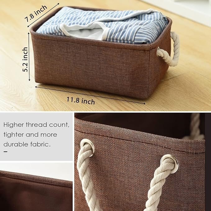 TheWarmHome Small Fabric Canvas Storage Bin with Cotton Rope Handles - Foldable Empty Basket for Gift (Brown-1 Pack,11.8L7.9W5.2H inch)-Ruum Studio Home