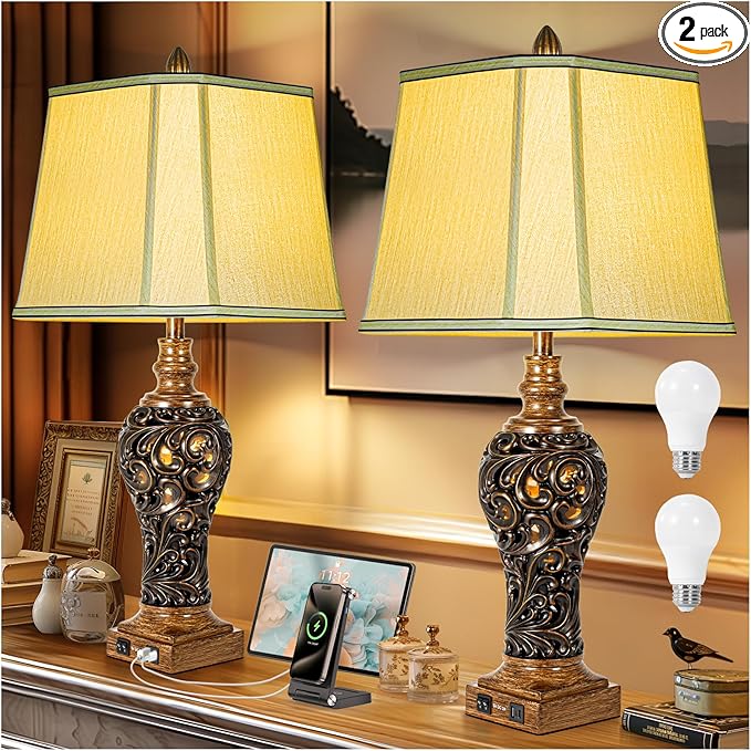 32'' Tall Rustic Vintage Table Lamps Set of 2 with Night Lights - Bedside Lamp with Faux Silk Shades for Bedroom and Living Room with 2 USB Charging Ports,Rustic Lamps for Living Room(Bulb Included)-Ruum Studio Home