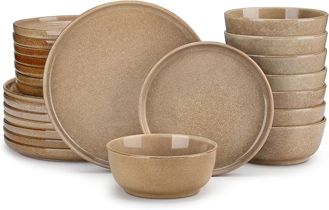 vancasso ANYA 24 Pieces Plates and Bowls Set, Caramel Dinnerware Sets, Reactive Glaze Dishes Set for 8, Ceramic Dishware Sets Kitchen Dinner Set, Microwave & Dishwasher Safe-Ruum Studio Home