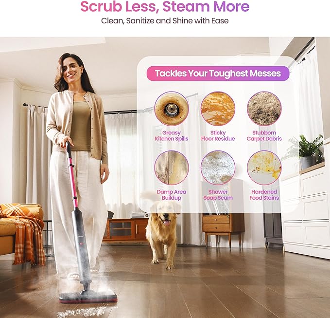 Schenley Steam Mop Cleaner Powerful - 15s Fast Heat-Up, Chemical-Free for Hardwood/Tile/Laminate & Floors/Walls, Washable Pads, 3 Modes for Carpet, Lightweight, Self-Standing, Sleek Design-Ruum Studio Home