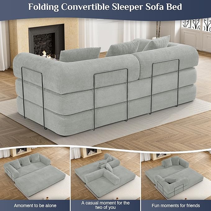 Convertible Sleeper Sofa Bed with Pillow, 4-in-1 Corduroy Folding Mattress Couch with Fixed-Shape Frame, Futon Fold Out Floor Sofa Cama Lounge Couch for Living Room Bedroom, Light Grey-Ruum Studio Home