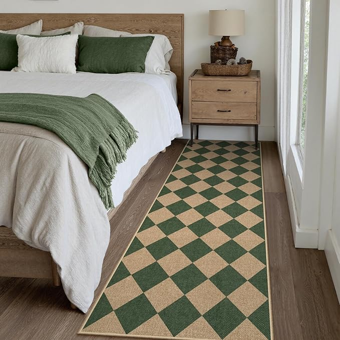 Lahome Checkered Kitchen Runner, 2x8 Easy Jute Runner Rug for Hallway Entryway, Farmhouse Indoor Outdoor Non Slip Non Shedding Green Carpet for Laundry Bedroom Porch Corridor-Ruum Studio Home