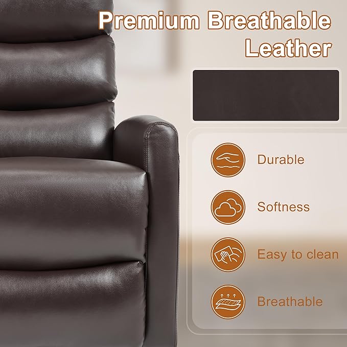 Manual Swivel Rocker Recliner Chair for Adults, Overstuffed Reclining Glider Chair for Nursing with Vibration Massage & Heat, Living Room Rocking Recliner 3-Stage backrest, Faux Leather Brown-Ruum Studio Home