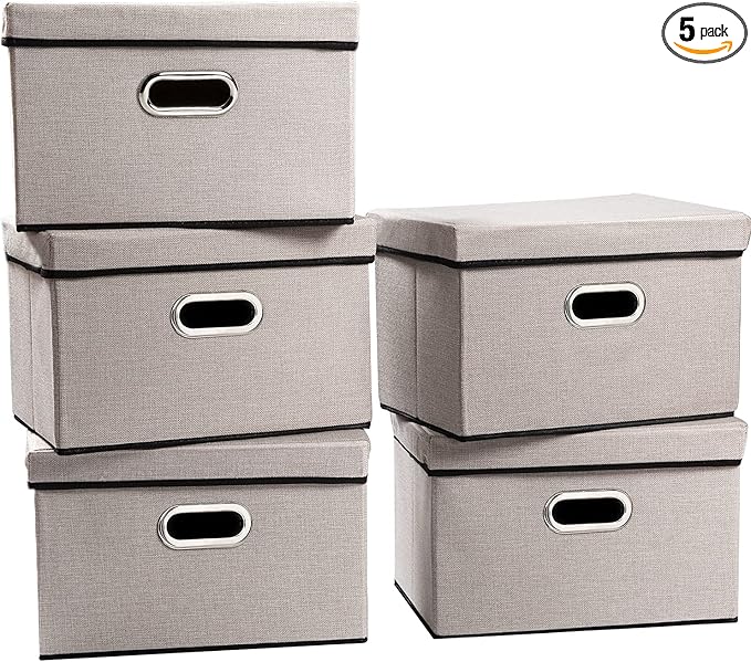 PRANDOM Foldable Storage Bin with Lid [5-Pack] Linen Fabric Decorative Storage Box Organizer Container Basket Cube with Handles Divider for Closet Office Living Room Light Grey(14.9x9.8x9.8)-Ruum Studio Home