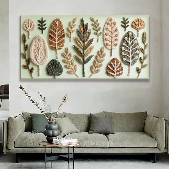 Large Boho Wall Art For Living Room Chic Home Green Wall Art Modern Multicolor Print Paintings Leaves Feather Canvas Wall Art Decor Picture For Bedroom Apartment Kitchen Ready To Hang 29"W X 58"L-Ruum Studio Home