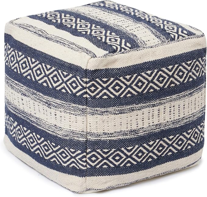 REDEARTH · Tufted Pouf Ottoman with Filler Textured Storage Cube Bean Bag Pouffe Footrest for Living Room, Bedroom, Nursery, Home Decor; 100% Cotton (17.5"X17.5"X17.5", Indigo Impressions)-Ruum Studio Home