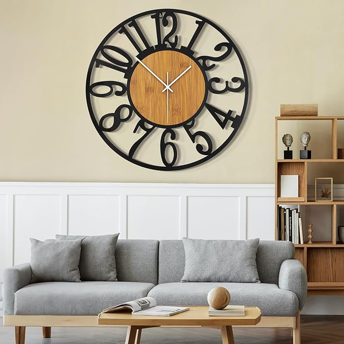 LEIKE 32" Oversized Large Wall Clocks,Silent,Non Ticking,Battery Operated Modern Round Big Wood Decorative Metal Wall Clock for Living Room, Bedroom,Kitchen,Farmhouse,Office Decor - Black,32 Inch-Ruum Studio Home