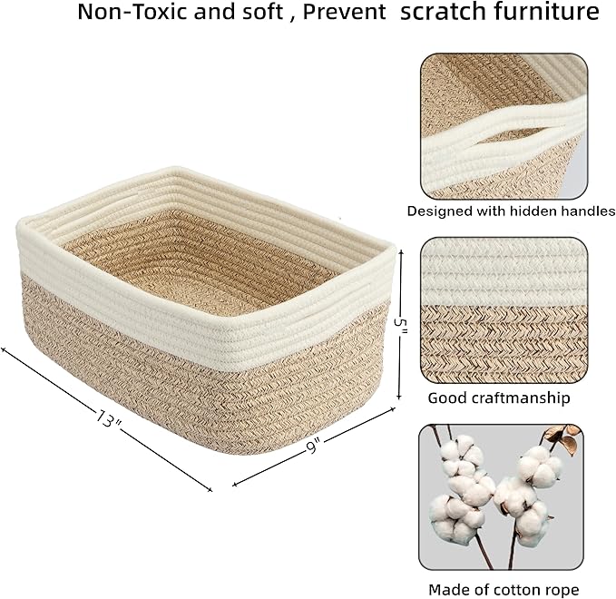 Small Woven Storage Baskets 13“X9”X5“ Decorative Rope Bins for Organizing Shelves, Closets, and Toys, Empty Gift Baskets, Cute Organizer Basket for Home and Office (white and brown, Large)-Ruum Studio Home