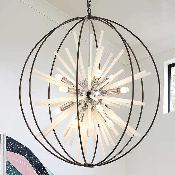 31.5" Black Chrome 16-Light Globe Sputnik Chandelier Modern Adjustable Hanging Ceiling Glass Tube Pendant Light Fixture for Entryway Foyer Stairway Dining Living Room Hallway-Ruum Studio Home