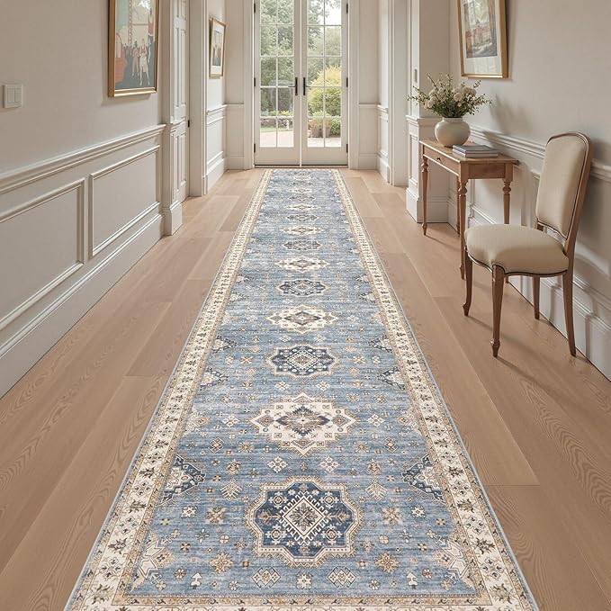 Washable 3x20 Runner Rug - Area Rugs Neutral Vintage Distressed Floral Farmhouse Boho Large Soft Floor Rug Indoor Carpet for Hallway Entryway Home - Blue-Ruum Studio Home