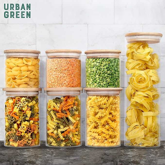 Urban Green Glass Jars with Bamboo Lids, Glass Airtight Canisters sets, Food Storage Container, Pantry Organization and Storage Jars, Kitchen Canisters Sets, Flour Containers of 6-Ruum Studio Home