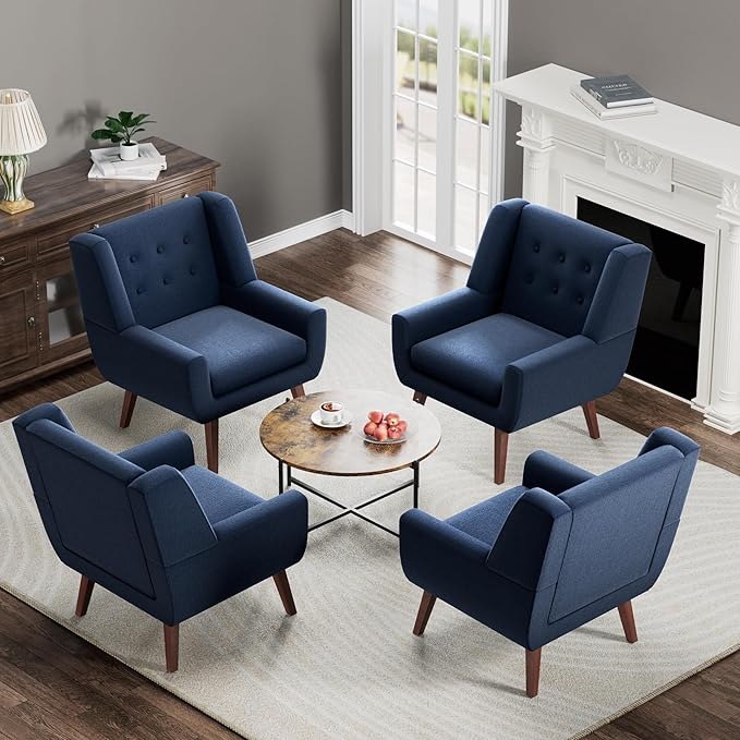 HUIMO Accent Chairs Set of 4, Upholstered Button Tufted Armchair, Linen Fabric Sofa Chairs for Bedroom, Living Room, Mid Century Modern Comfy Reading Chair (4, Dark Blue)-Ruum Studio Home